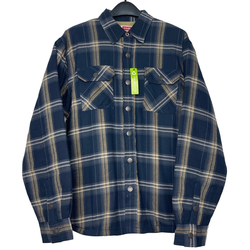 NEW Wrangler Sherpa Lined Flannel Shirt Jacket Shacket Mens M Blue Plaid Fleece